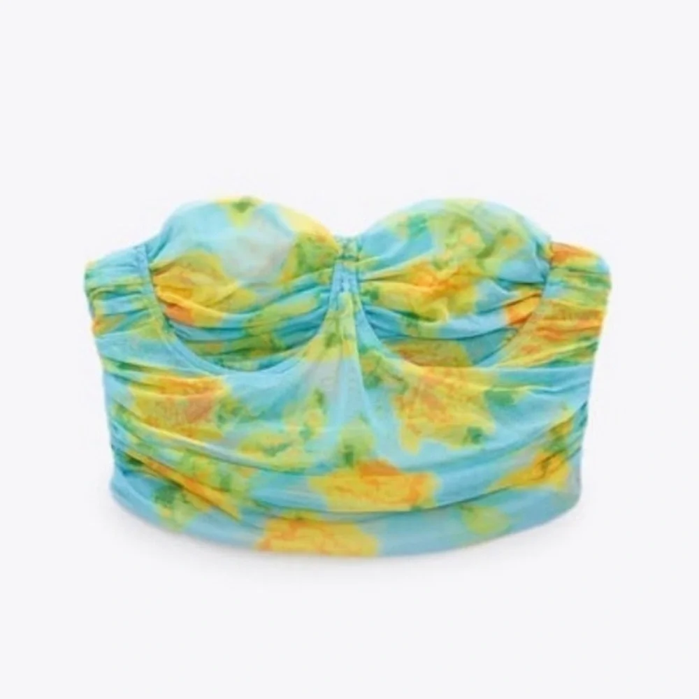 Zara blue yellow floral flower ruched strapless bandeau bustier crop top L NWT - Picture 5 of 15